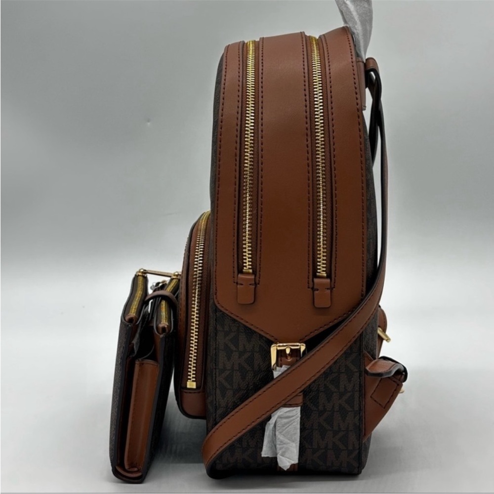 Michael Kors Medium Jaycee Zip Packet Backpack &Double Zip Wallet Wristlet Brown - Picture 4 of 16